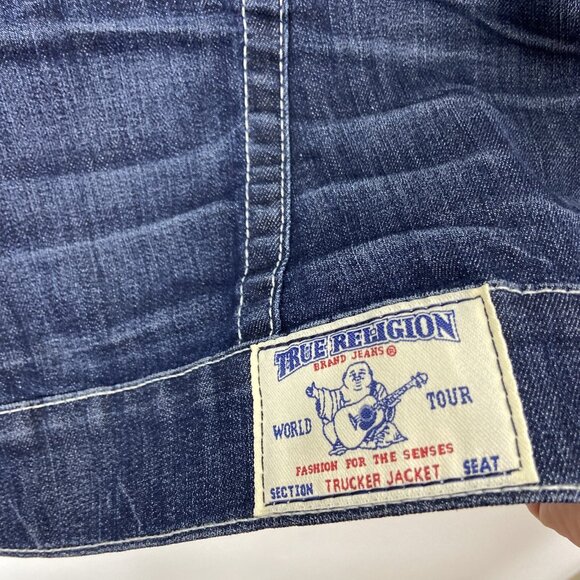 TRUE RELIGION Denim Trucker Jacket Blue Denim Jean Snap Button Small Woman Logo - Picture 3 of 8
